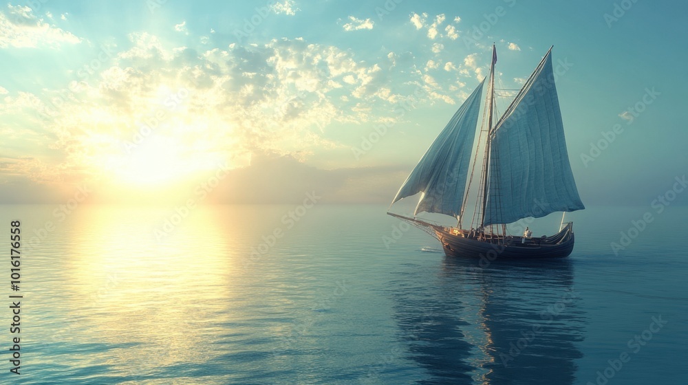 Fototapeta premium A realistic image of a sea blue sailboat gliding over calm waters, with intricate details in the sails and soft sunlight.