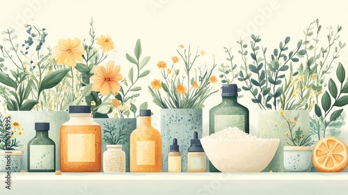 A row of various herbal skincare products and ingredients in bottles, jars, and bowls.