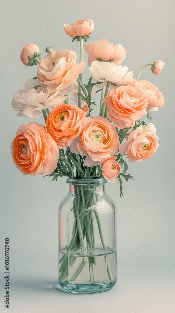 Fototapeta premium Peach Ranunculus Bouquet in a Glass Vase