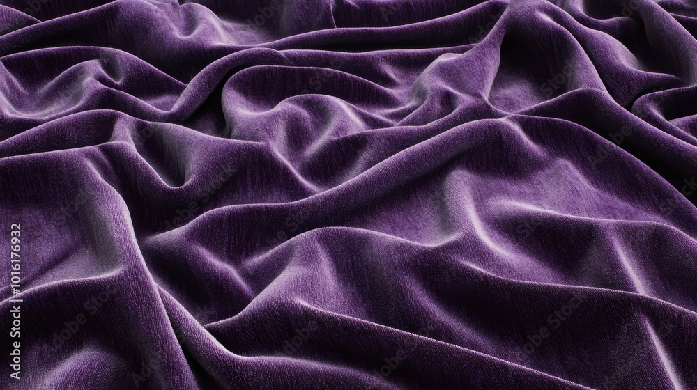 Obraz premium A realistic image of deep purple velvet fabric, draped elegantly with soft folds and shadows, highlighting its luxurious texture.