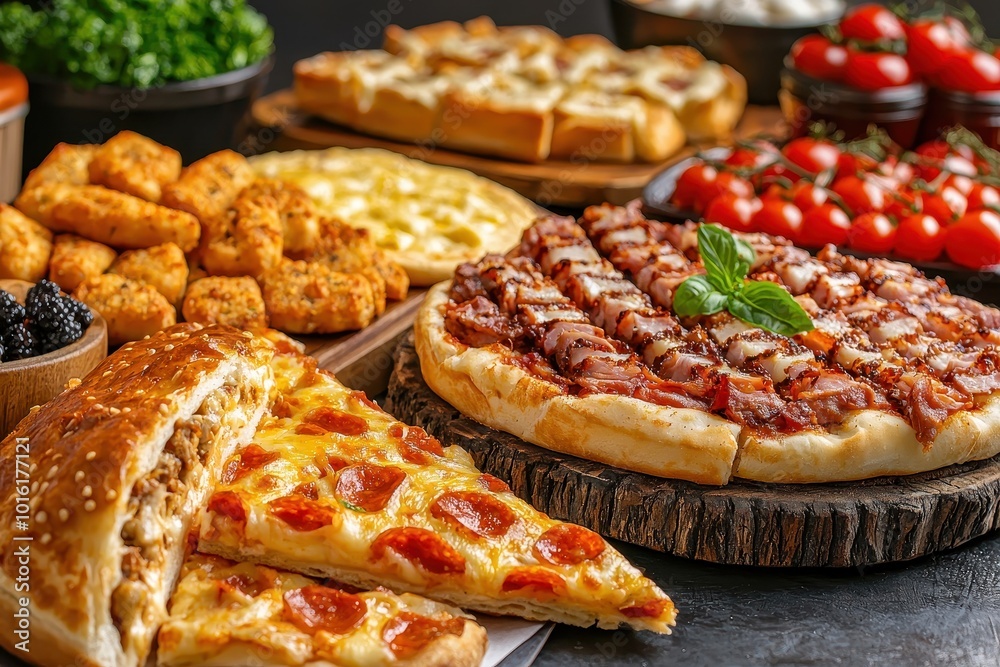 Delicious assortment of pizzas, snacks, and fresh ingredients on a wooden table.