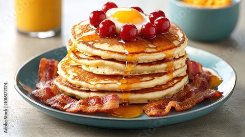 Delicious stack of pancakes topped with cherries and a sunny-side-up egg, served with crispy bacon on a plate. photo