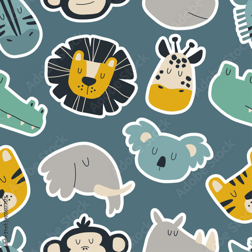 Seamless pattern with cute safari animal faces. Hand drawn kids print for fabric, children's room wallpaper and wrapping paper.