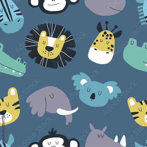 Seamless pattern with cute safari animal faces. Hand drawn kids print for fabric, children's room wallpaper and wrapping paper.