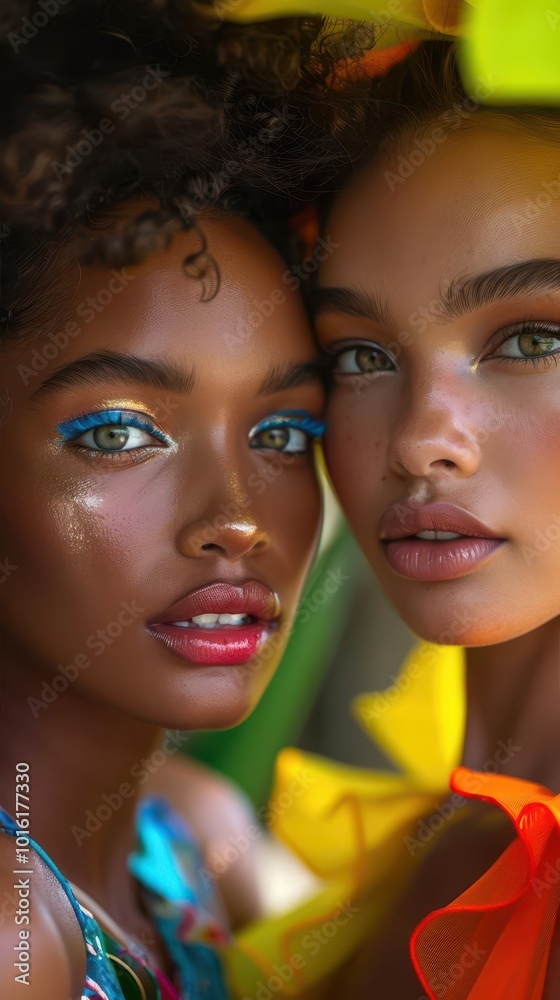Fototapeta premium Models showcasing diverse body types and ethnicities, inclusive and beautiful, Fashion, Bright hues, Photograph, Diversity in fashion