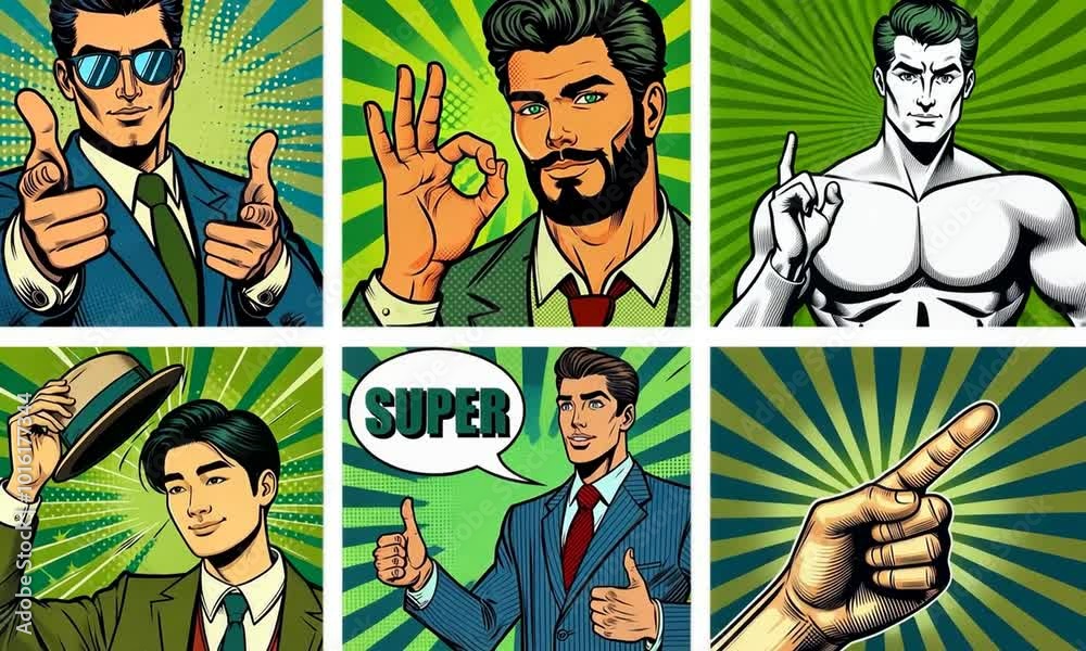 Six hommes d'affaires dans des bulles de BD style pop art années 50, attitudes positives, geste OK, pointer du doigt, tirer le chapeau, fond vert