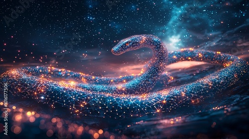 A stunning digital snake filled with cosmic glow twists and turns, set against a backdrop of stars and cosmic phenomena in an ethereal universe setting. photo