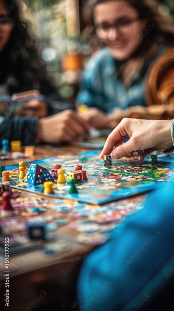People playing board games with friends and family, lively and social, Urban, Bright hues, Photograph, Game night People playing board games with friends and family, lively and social, Urban, Bright hues, Photograph, Game night
