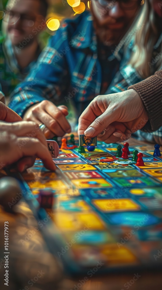 People playing board games with friends and family, lively and social, Urban, Bright hues, Photograph, Game night People playing board games with friends and family, lively and social, Urban, Bright hues, Photograph, Game night