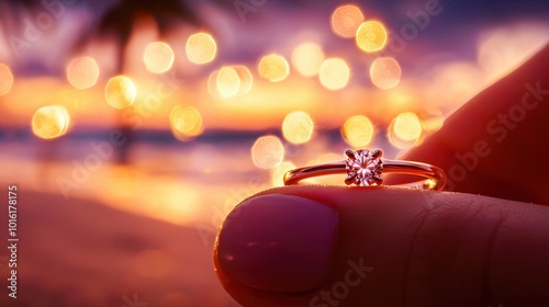 A promise ring being placed on a finger at the edge of a beach, symbolizing love and commitment before marriage photo