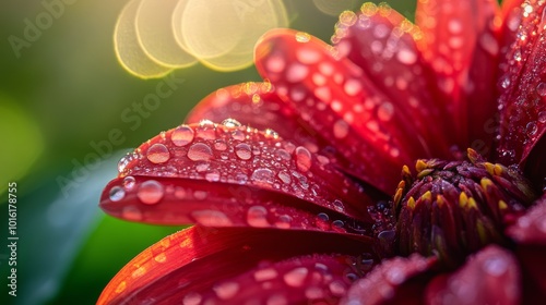 Close up of a Red Flower with Dew Drops and Sunbeams