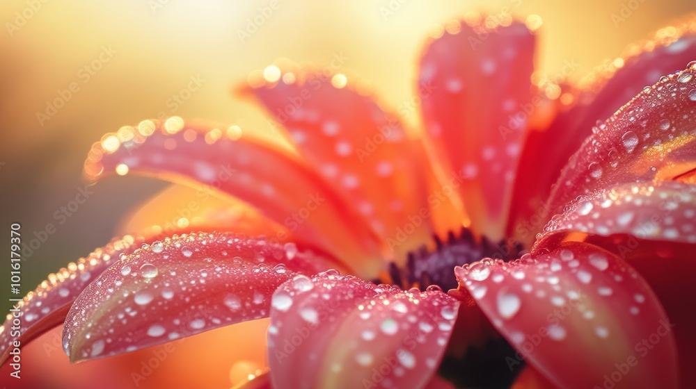Close up Dew Drops on Pink Flower Petals at Sunrise Close up Dew Drops on Pink Flower Petals at Sunrise