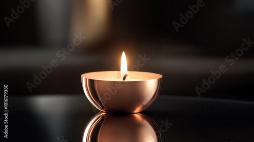 Fototapeta Naklejka Na Ścianę i Meble -  A rose gold candle holder with a burning candle, creating a warm, intimate atmosphere