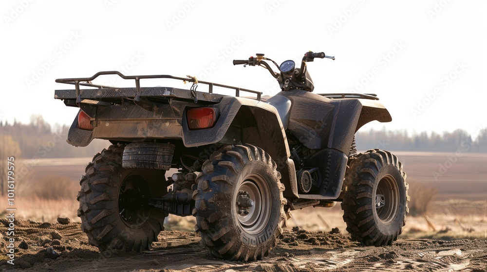 Muddy Off-Road ATV Parked in a Field Muddy Off-Road ATV Parked in a Field