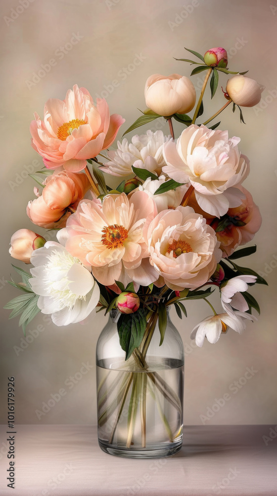Delicate Bouquet of Peach and White Peonies in a Glass Vase Delicate Bouquet of Peach and White Peonies in a Glass Vase