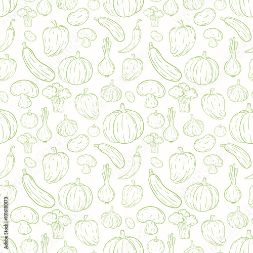 Outline vegetables seamless pattern. Hand draw thin line doodle farm fresh vegetables pattern. Organic healthy veggie food