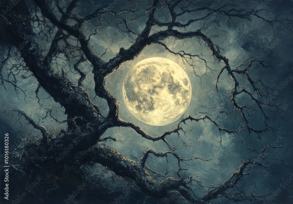 Fototapeta premium Dead tree branches framing a full moon in a dark sky with clouds