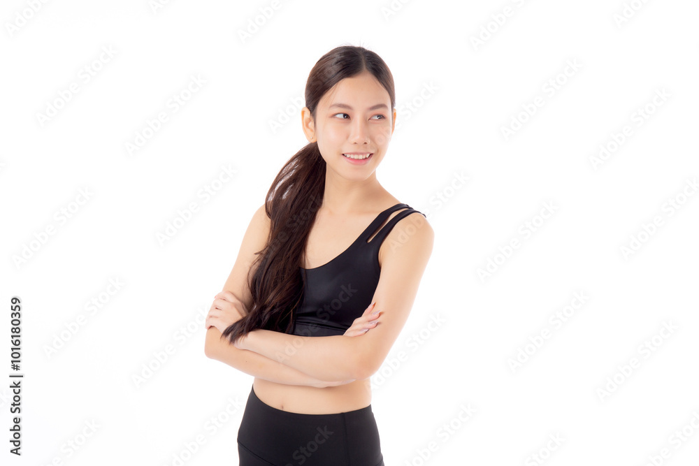 Portrait of beautiful young asian woman in sportswear smile and crossed arms isolated on white background, sport and exercise for health and weightloss, female and slimming with confident and wellness Portrait of beautiful young asian woman in sportswear smile and crossed arms isolated on white background, sport and exercise for health and weightloss, female and slimming with confident and wellness