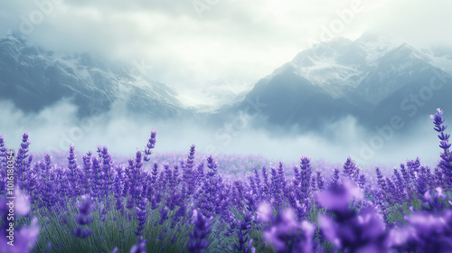 A misty mountain valley blanketed in fields of the soft purple flowers swaying in the breeze, with snow-capped peaks