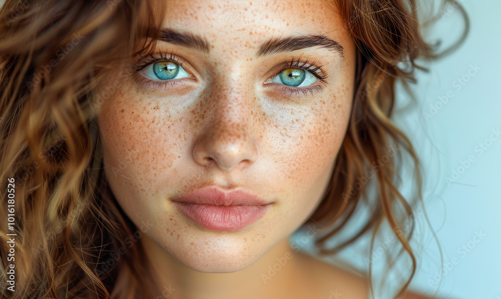 Close-up Portrait of Beautiful Brunette Woman with Freckles and Green Eyes, Relaxed and Confident Expression, Leisure Lifestyle, Daytime, Warm and Natural Mood Close-up Portrait of Beautiful Brunette Woman with Freckles and Green Eyes, Relaxed and Confident Expression, Leisure Lifestyle, Daytime, Warm and Natural Mood