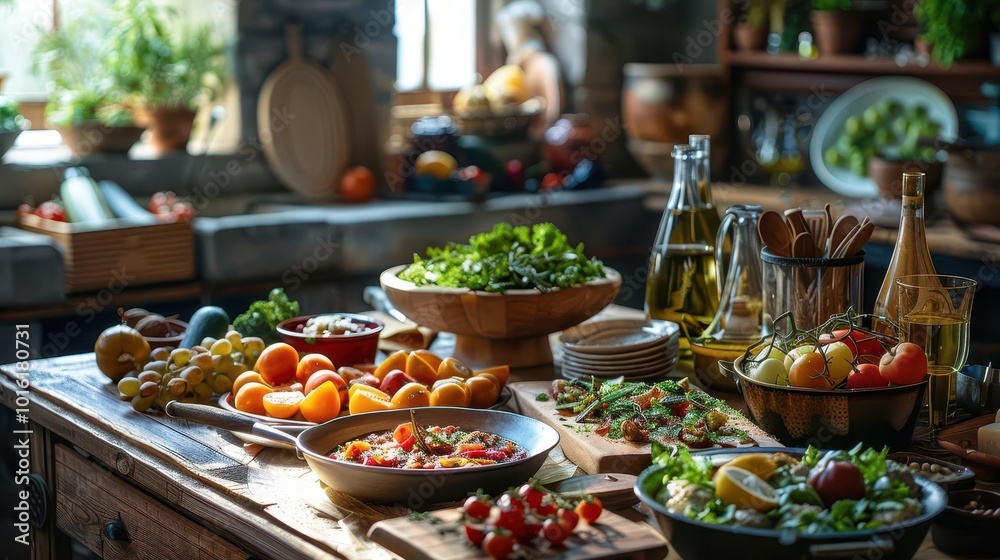 Fototapeta premium Traditional dishes prepared in rustic kitchens, warm and authentic, Culinary, Soft tones, Photograph, Home-cooked meals