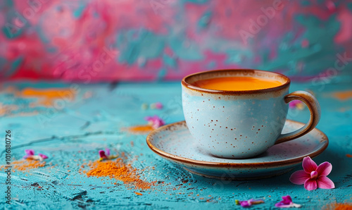 Artisan Hot Coffee in Rustic Ceramic Cup on Vibrant Artistic Background with Floral Decorations - Morning Comfort and Creativity