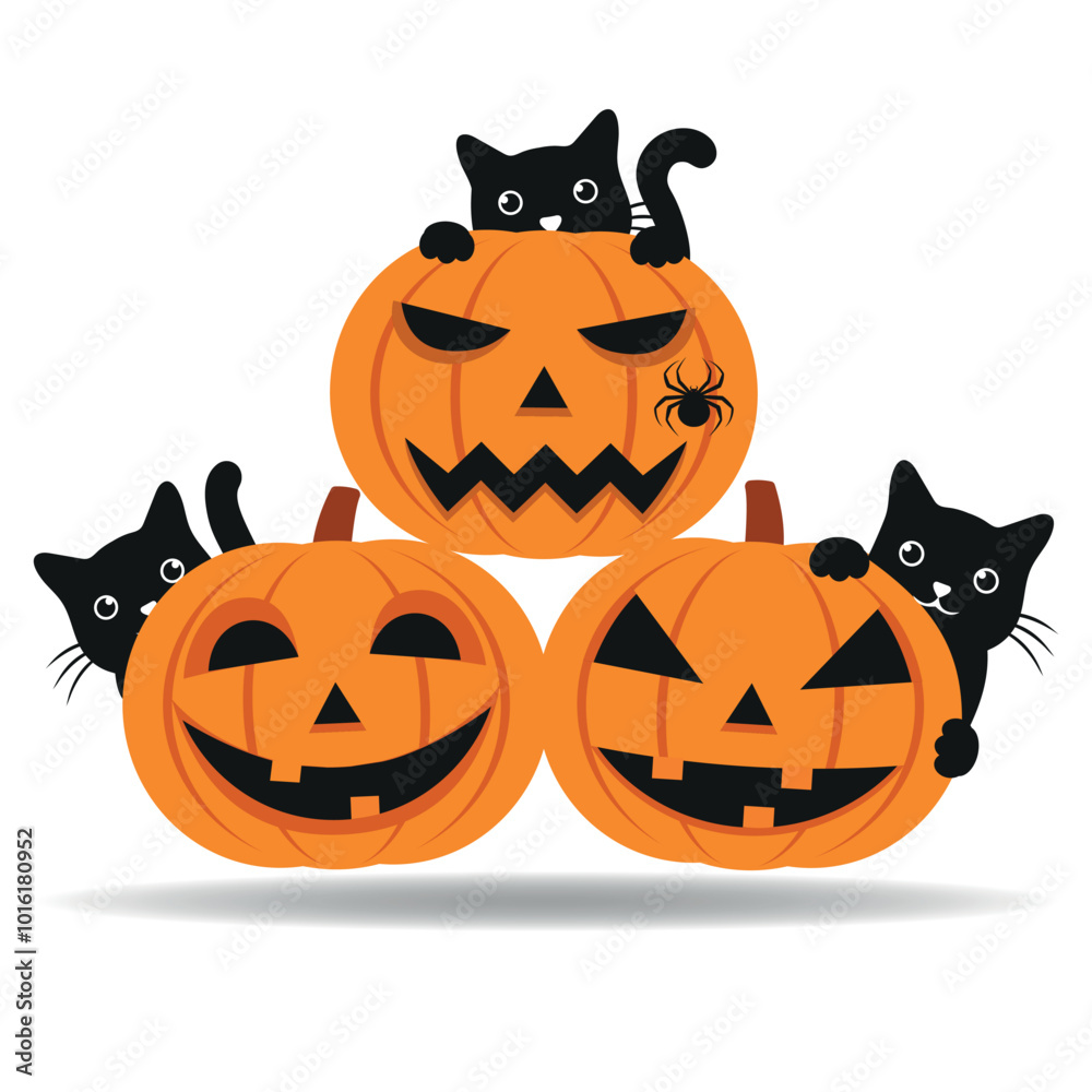 Illustration of pumpkin with cats and spider for Halloween on white background Illustration of pumpkin with cats and spider for Halloween on white background