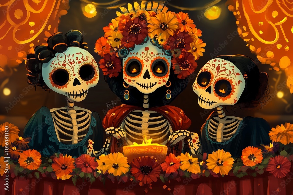 Vibrant day of the dead celebration with festive sugar skulls and marigolds. Greeting card Vibrant day of the dead celebration with festive sugar skulls and marigolds. Greeting card
