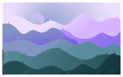 mountain ranges in the fog, panoramic view, vector illustration, fantasy serene mountain scene