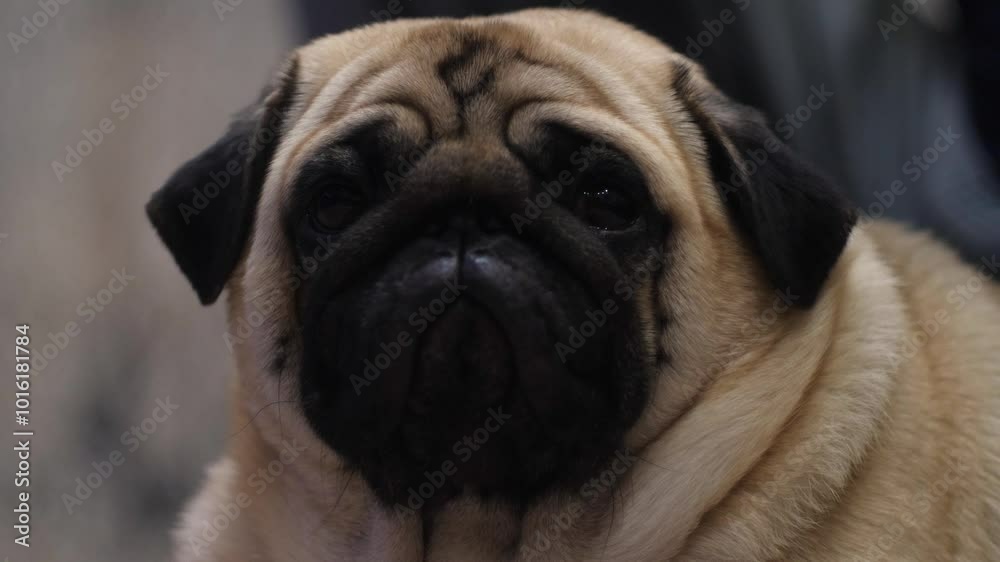 portrait of cute brown pug looking at camera, domestic pug posing looking at camera, concept pets portrait of cute brown pug looking at camera, domestic pug posing looking at camera, concept pets