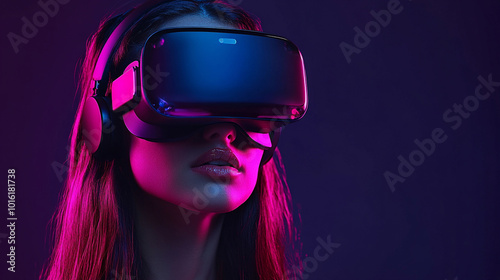 businesswoman wearing virtual reality goggles stands immersed in a digital world. The image symbolizes innovation, future technology, and the merging of professional life with virtual spaces