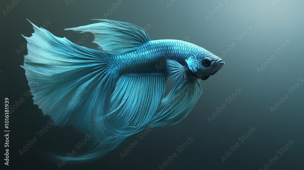 Fototapeta premium Vibrant cyan betta fish swimming gracefully, showcasing intricate fins and scales, set against a soft gradient background.