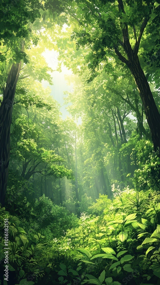 Obraz premium Sunlight shines through a dense forest, illuminating lush greenery and creating tranquility