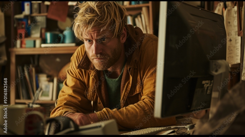 A man with curly hair is typing on a keyboard at a computer A man with curly hair is typing on a keyboard at a computer
