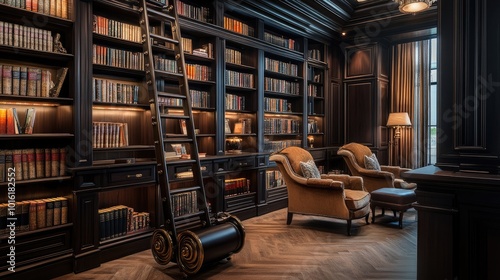 An opulent library featuring dark wood shelves filled with books