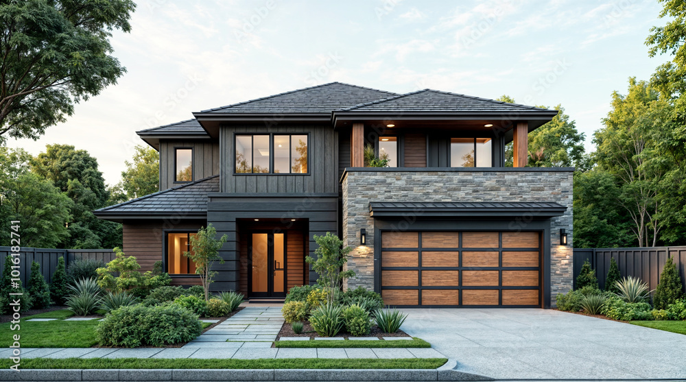 Modern Two-Story House Exterior with Wooden and Stone Facade, Large Windows, and Manicured Landscaping in a Peaceful Suburban Setting Modern Two-Story House Exterior with Wooden and Stone Facade, Large Windows, and Manicured Landscaping in a Peaceful Suburban Setting