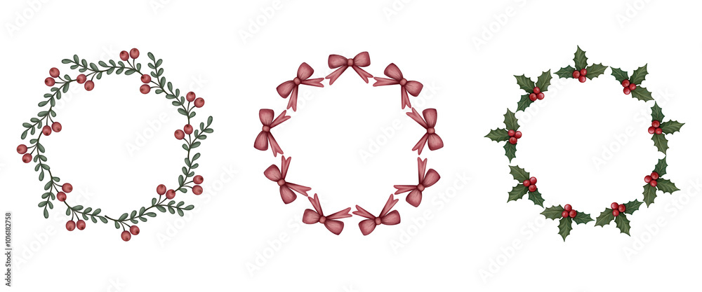 Festive Watercolor Wreath with Holiday Branches and Berries – Perfect for Christmas Cards and Home Decor. New Year round frame. Circle border. Botanical, wedding, card, letter