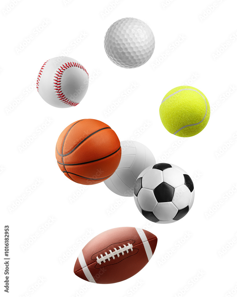 Falling Balls, soccer, football, baseball, basketball, rugby, tennis, golf, isolated on white background, full depth of field