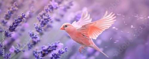 pastel pink finch fluttering around field of lavender the soft purple hues creating calming scene