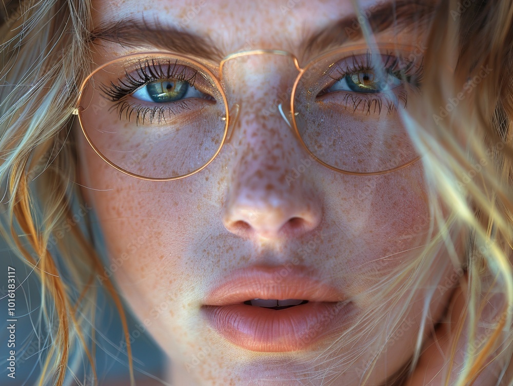Close-up Portrait of a Woman with Freckles and Round Glasses Close-up Portrait of a Woman with Freckles and Round Glasses