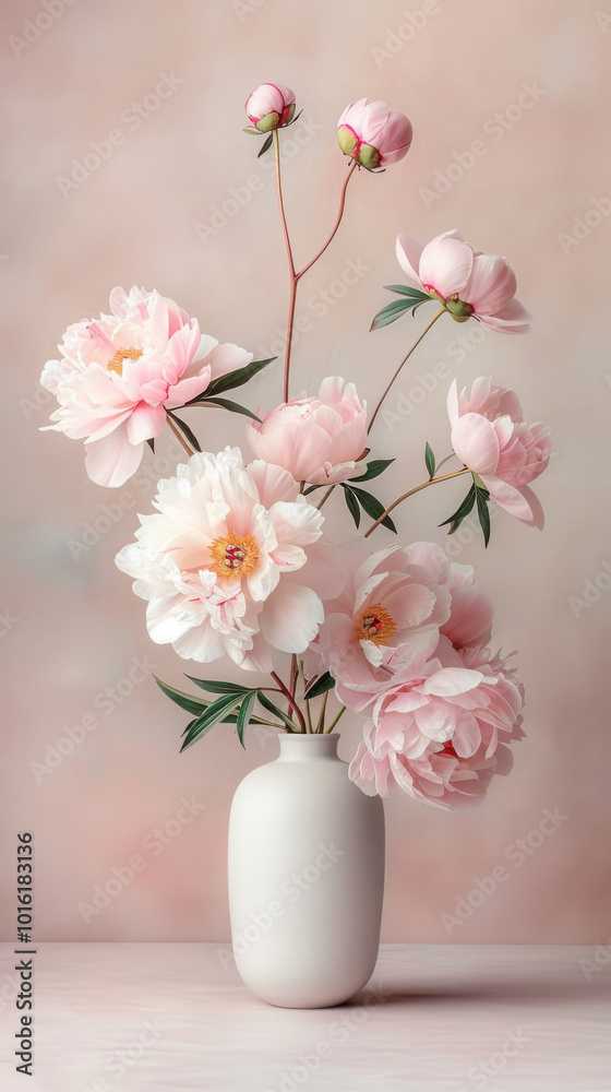 Obraz premium Pink Peonies in White Vase on Pastel Background