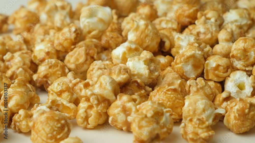 Sweet caramelized popcorn pour slow motion macro