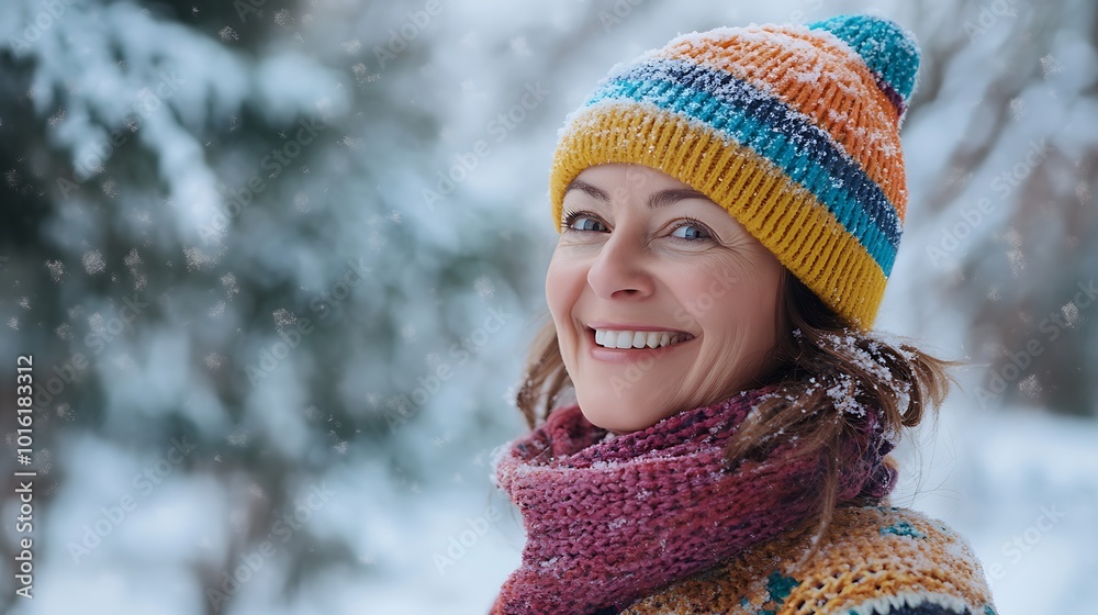 A portrait of a smiling woman in a colorful winter hat and thick sweater, enjoying the winter day outdoors. A portrait of a smiling woman in a colorful winter hat and thick sweater, enjoying the winter day outdoors.