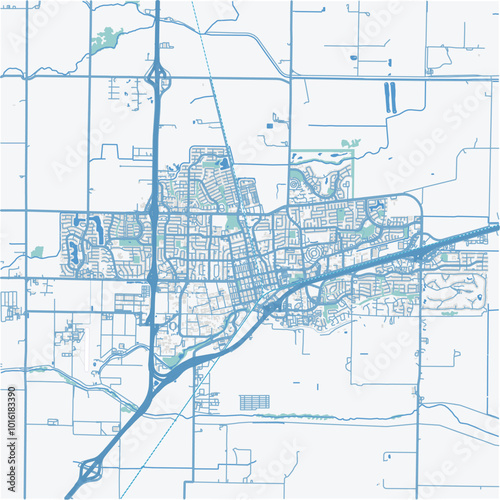 Map of Davis in California in a professional blue style. Contains layered vector with roads water, parks, etc.