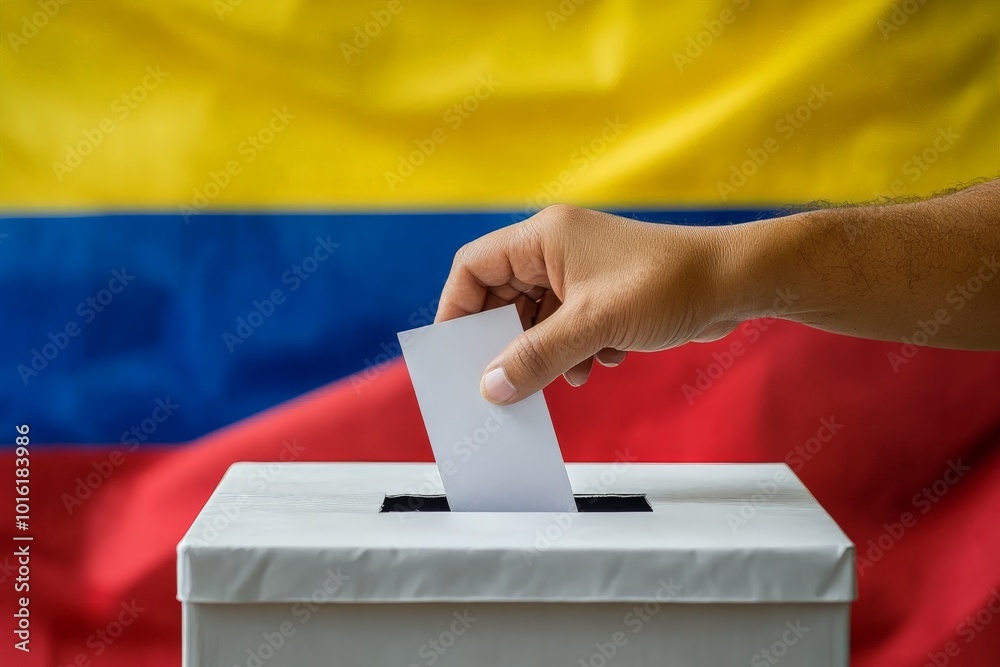 A voter’s hand placing a ballot in a box against the backdrop of the Colombian flag, symbolizing democratic participation and national decision-making. A voter’s hand placing a ballot in a box against the backdrop of the Colombian flag, symbolizing democratic participation and national decision-making.