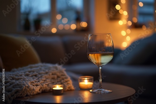 A wine glass and candles create a peaceful setup on a coffee table in a warmly lit room, ideal for unwinding and celebrating a calm evening. photo