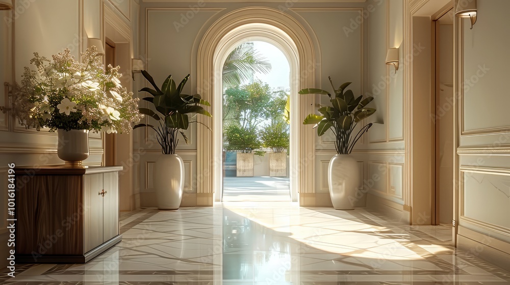 The entrance of a spacious home space does. There is a entrance table with retro vases, and high-end flowers are placed in the vases. The entrance of a spacious home space does. There is a entrance table with retro vases, and high-end flowers are placed in the vases.