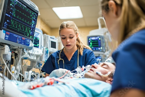 Medical professionals in an ICU setting are attending to a critically ill patient hooked up to life-saving equipment, showcasing teamwork and dedication.