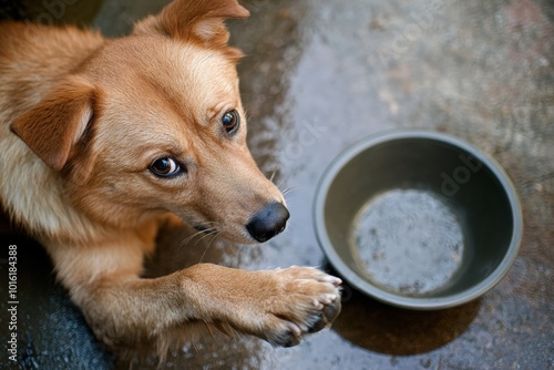 A brown dog sits on a wet surface with one paw raised, gazing hopefully at the camera while a green empty bowl rests beside it, creating a touching moment. photo