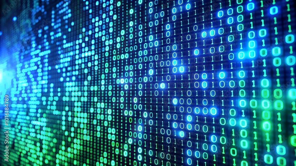 Binary Code Matrix Background: Perspective View with Depth of Field and Illuminated Green Numbers in a Futuristic Tech Style Binary Code Matrix Background: Perspective View with Depth of Field and Illuminated Green Numbers in a Futuristic Tech Style